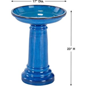 2 Gallon Blue Ceramic Traditional Outdoor Patio Garden Birdbath