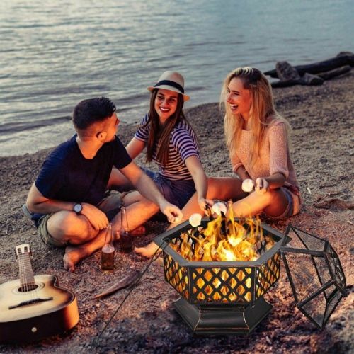 Portable Hex Shaped Wood Burning Fire Pit with Cover and Poker - Image 3