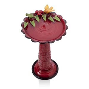 Red Metal Outdoor Garden Patio Birdbath with Decorative Bird Leaf Figurines