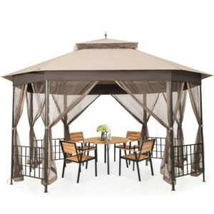 Outdoor 10 x 12 Ft Octagon Gazebo with Mosquito Net Sidewalls and Brown Canopy