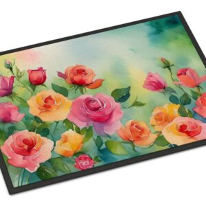 Roses in Watercolor Doormat Front Door Mat Indoor Outdoor Rugs for Entryway, Non Slip Washable Low Pile, 24H X 36W
