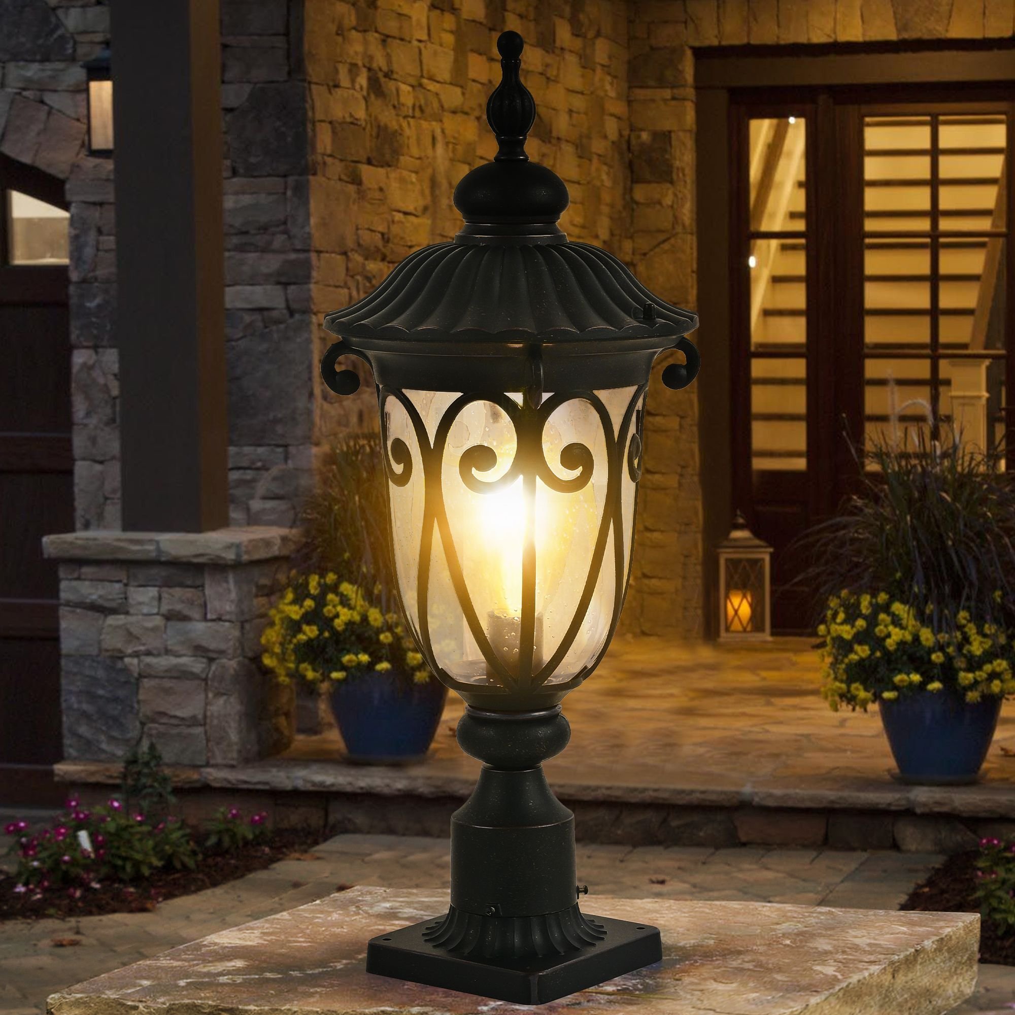 1-pack Vintage Black Outdoor Post Lantern - Waterproof Aluminum Lamp Post Light with Bubble Glass, Decorative Garden Pathway Lighting for Yard, P
