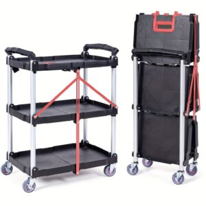 Versatile 3-Tier Foldable Cart with Locking Wheels - Portable 3-Tier Work Cart with 4 Wheels (2 Lockable), Ideal for Home/Office/Warehouse