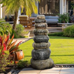 32.2in Stacking stones Garden Statues, Welcome Signs in Five Languages, Outdoor Decor for Patio, Lawn, Yard Art Decoration, Housewarming Garden Gift